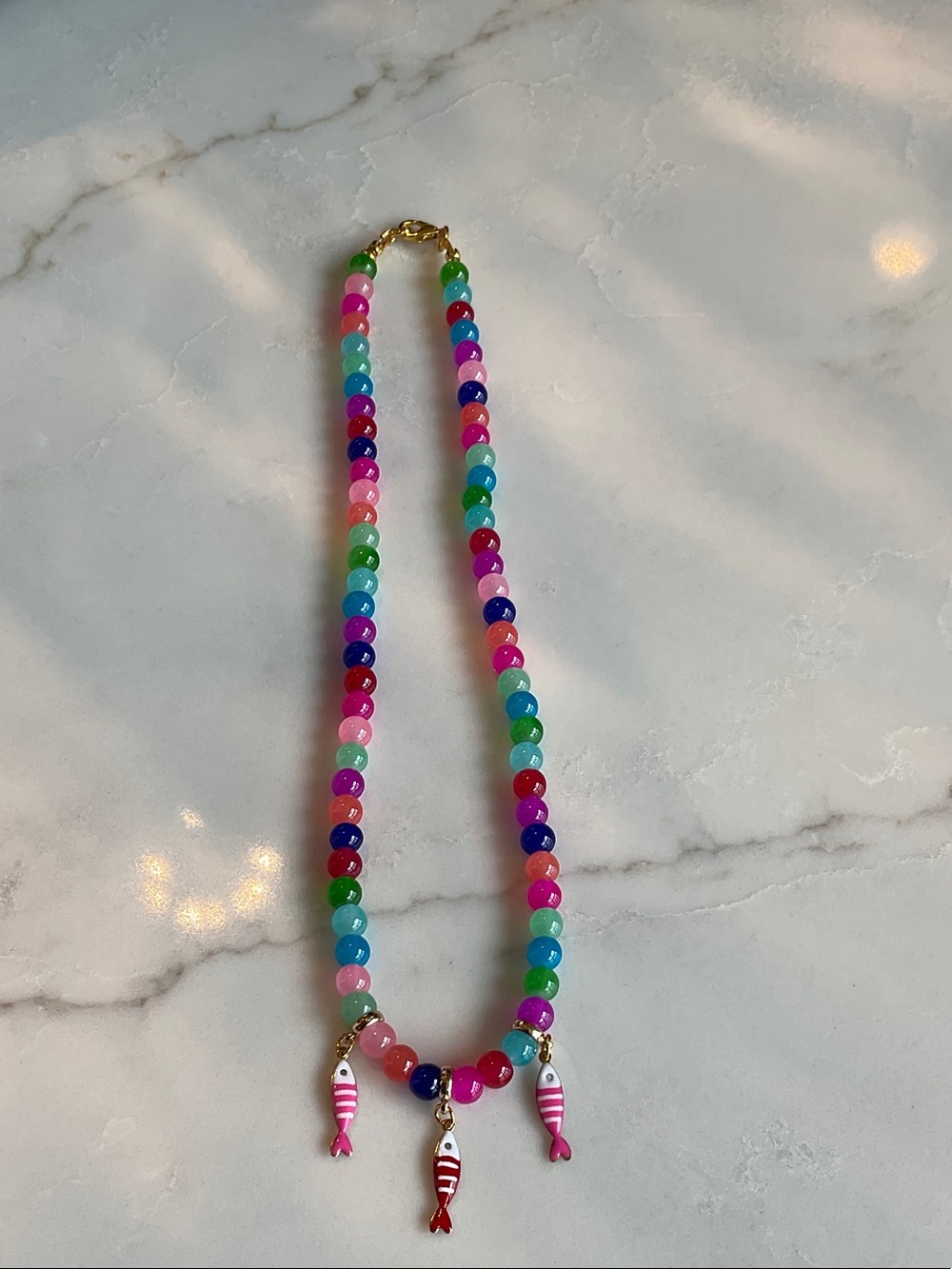 Multicolor glass Beaded Necklace with Fish charms with gold accents 🐟🐠🎣